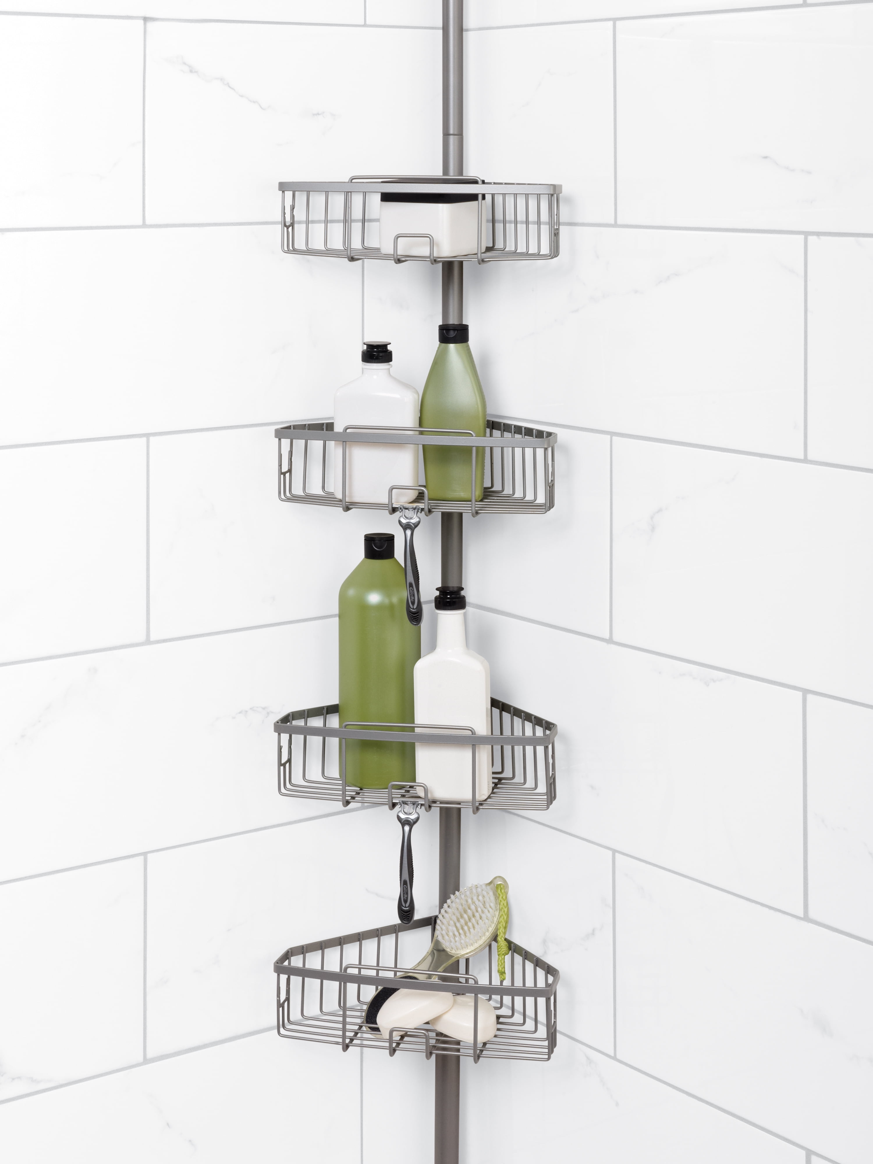 Satin Nickel Shower Caddy with 4 Basket Shelves, Zenna Home Tension Pole 