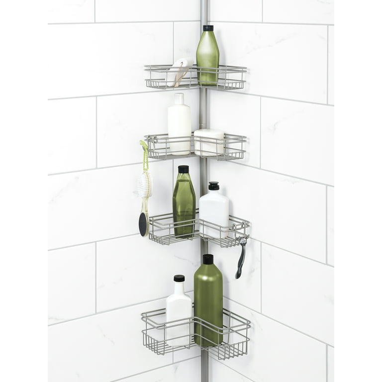 Satin Nickel Shower Caddy with 4 Basket Shelves, Zenna Home Tension Pole 