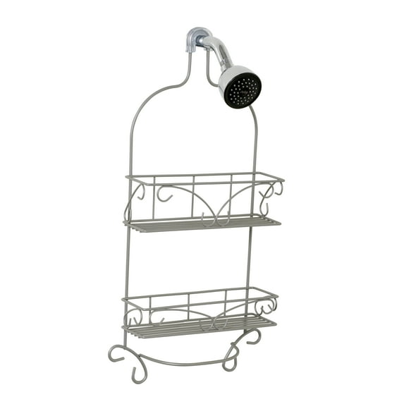 Satin Nickel Steel Shower Caddy with 2 Shelves, Zenna Home Scroll Design for Over-the-Shower