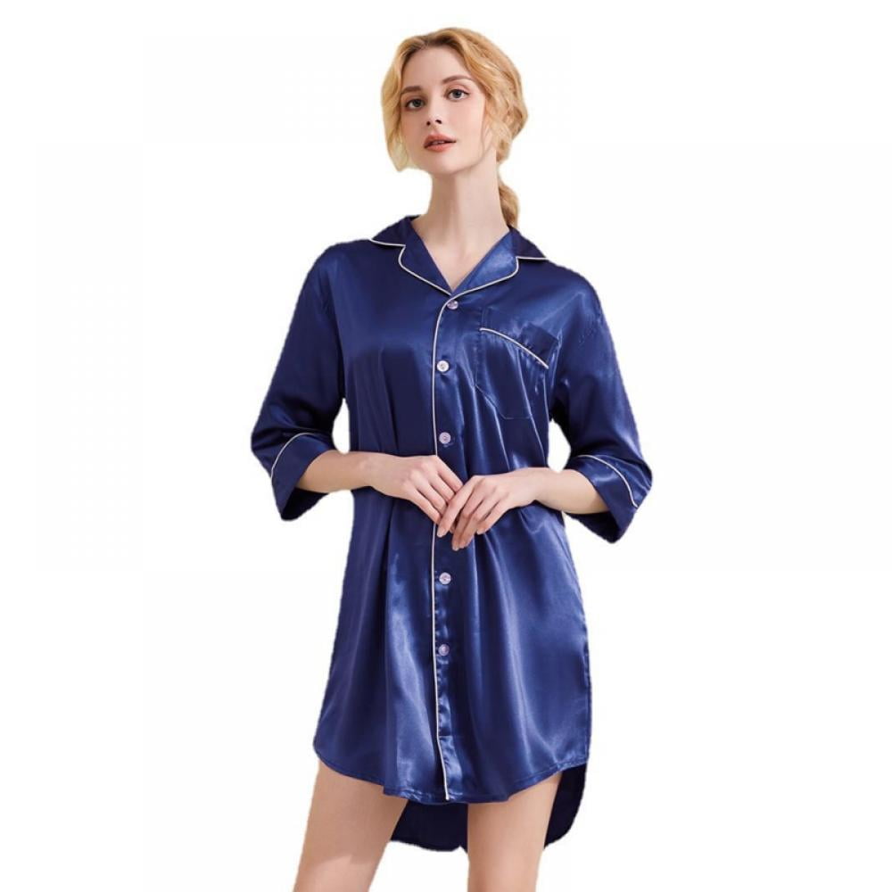 Satin Nightgown For Women 3/4 Sleeve Silk Nightshirt Button Down Pajamas  Dress Boyfriend Sleepshirt S-XXL 