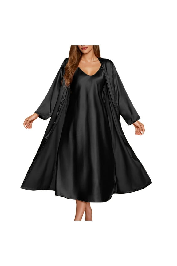 Satin Nightgown & Robe Set – V-Neck Silk Chemise with Belt for Luxurious Sleep & Bridal Wear