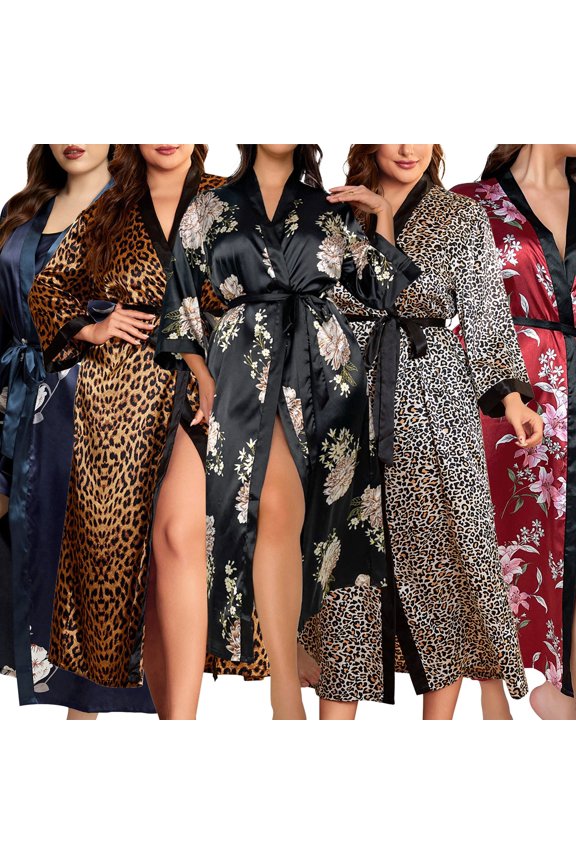 Satin Nightgown for Women Plus Size Silk Floral Kimono Robes Lightweight Bathrobe Nightdress V-Neck Long Sleepwear Oversized Dressing Gowns Loungewear for Ladies, Brown leopard 5XL
