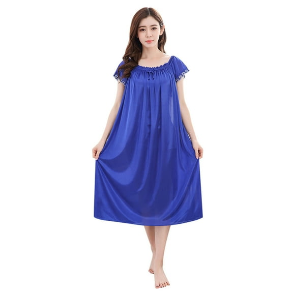 Satin Nightgowns for Women - Soft & Breathable Long Night Gowns - Adult Womens Nightgown - Plus Size Ice Silk Sleepwear Gowns for Women Sleepwear Blue One Size