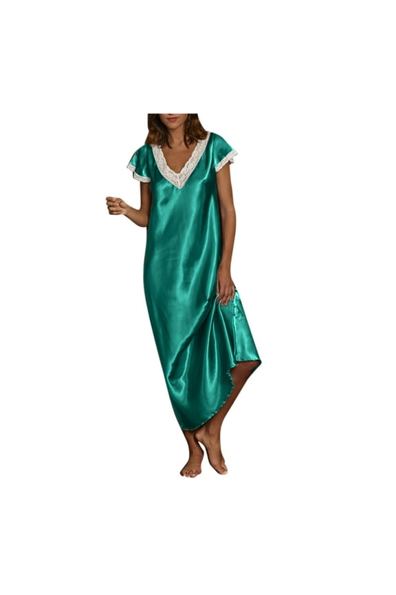 Satin Nightgowns Womens Lace Trim Short Sleeve V Neck Plus Size Sleep Shirt Long Dress Lightweight Homewear (4X-Large, Green)
