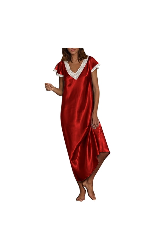 Satin Nightgowns Womens Lace Trim Short Sleeve V Neck Plus Size Sleep Shirt Long Dress Lightweight Homewear (Small, Red)