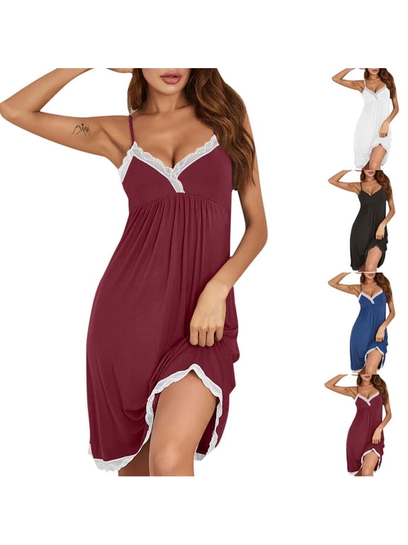 Satin Nightgowns for Women Silk Pjs Lace Nightie Slip Dress Chemise Sleepwear Blue L