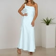 thumbnail image 1 of Satin One Shoulder Maxi Dress for Women Silk Formal Backless Wedding Guest Dresses with Side Splited Color Blue Size S, 1 of 6