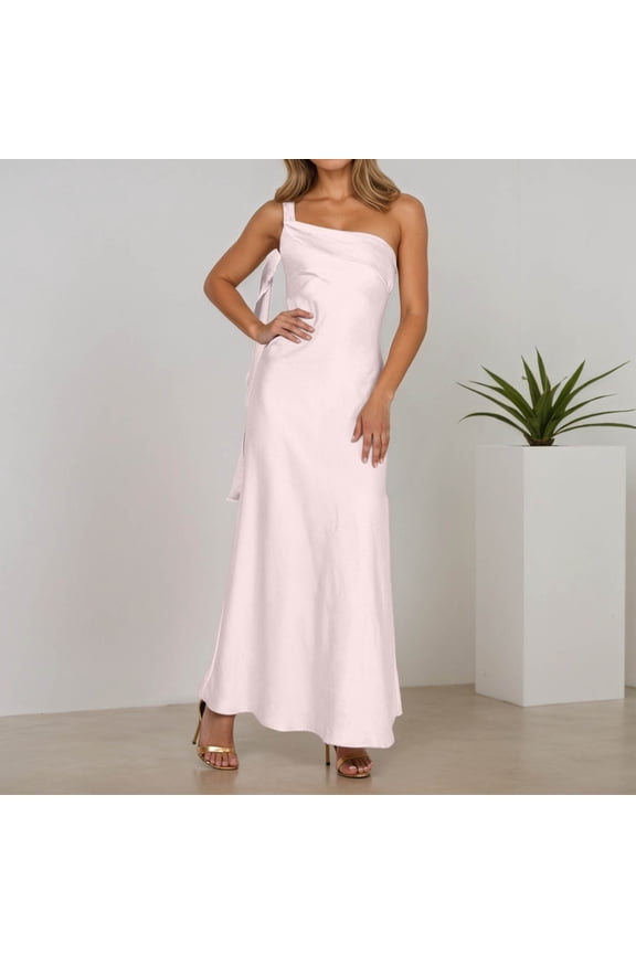 Satin One Shoulder Maxi Dress for Women Silk Formal Backless Wedding Guest Dresses with Side Splited Color Pink Size XXS