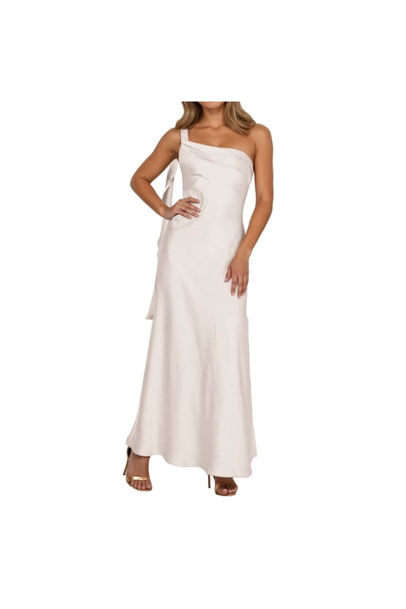 Satin One Shoulder Maxi Dress for Women Silk Formal Elegant Wedding Guest Dresses Color: Beige Size: XXXXS