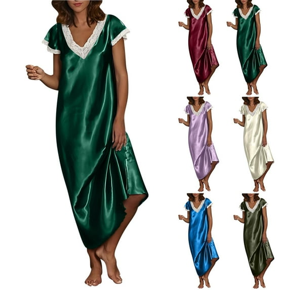 Satin Pajama Set Lace Trim Detail V Neck Short Sleeve Long Dress Sleepwear