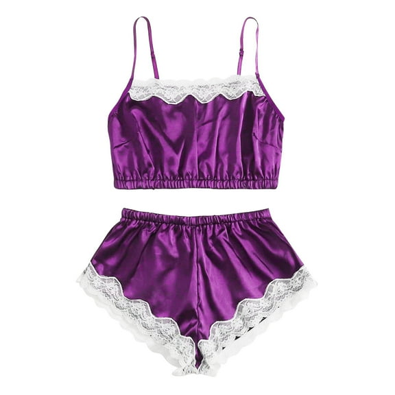 Satin Pajama Set for Women New Women's Satin Pajamas Women Cami Tops Short Pants Pjs Set Lace Underwear Nightwear Sleepwear for Home Women Sleepwear Purple L New