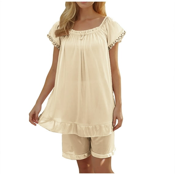 Satin Pajama Set for Women Ice Silk Sleepwear Set for Women 2pc Set Camisole Top and Shorts Home Wear Breathable Sleepwear Women's Sleepwear Beige One Size