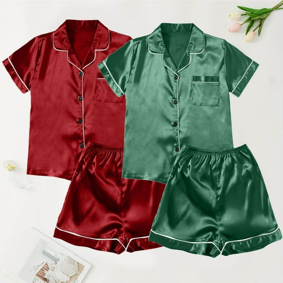 Satin Pajama Set for Women 2 Piece Button Down Short Sets for Women Lounge Sets Women Outfits Sets