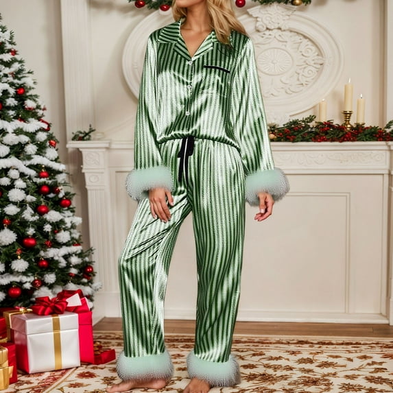 Satin Pajama Set for Women Button Solid Color Print Long Sleeve Top And Pant Pj Set Sleepwear Soft 2 Piece Outfits Loungewear Sets Green L