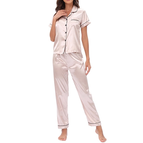 Satin Pajama Set for Women Button Solid Color Print Short Sleeve Top And Pant Pj Set Soft Sleepwear 2 Piece Outfits Loungewear Sets Beige L