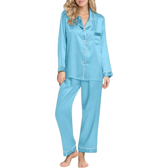 Satin Pajama Set for Women Two Piece Button Down Long Sleeve Pajama with Pants Loungewear Sets Woman Womens Pajama Sets