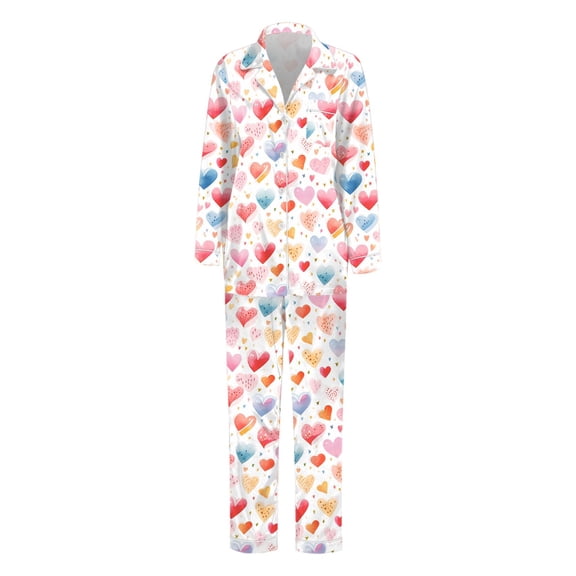 Satin Pajama Set for Womens 2 Pieces Womens Valentines Outfit Long Sleeve Button Down Sleep Sets Heart Print Pajama Set for Women
