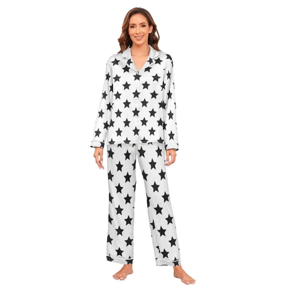 Satin Pajama Sets For Women Long Sleeve Cozy Loungewear Casual Black Stars