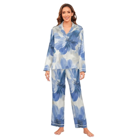 Satin Pajama Sets For Women Long Sleeve Cozy Loungewear Casual Blue and White Floral Pattern