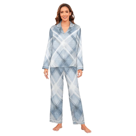 Satin Pajama Sets For Women Long Sleeve Cozy Loungewear Casual Blue and White Plaid
