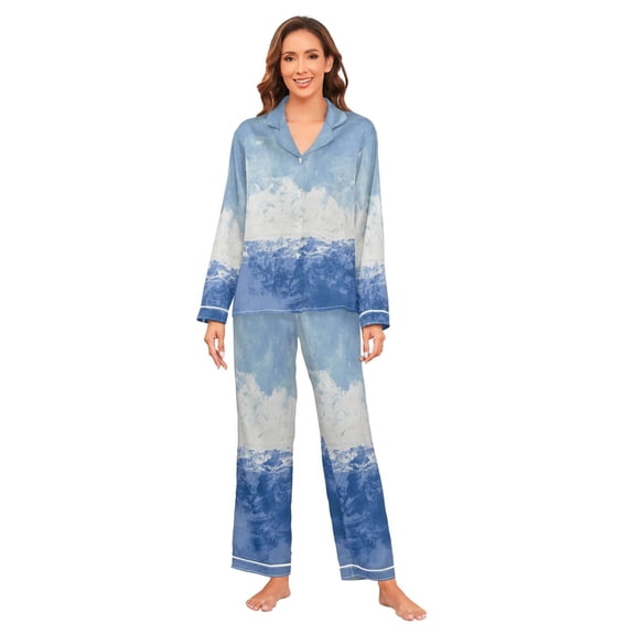 Satin Pajama Sets For Women Long Sleeve Cozy Loungewear Casual Light Indigo and Sky Blue