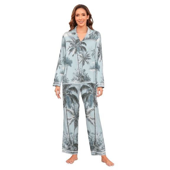 Satin Pajama Sets For Women Long Sleeve Cozy Loungewear Casual Pale Blue and White