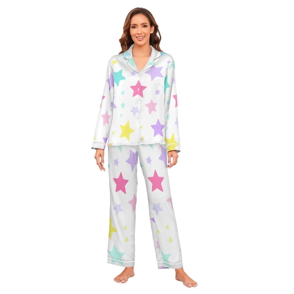 Satin Pajama Sets For Women Long Sleeve Cozy Loungewear Casual Pastel Color Stars