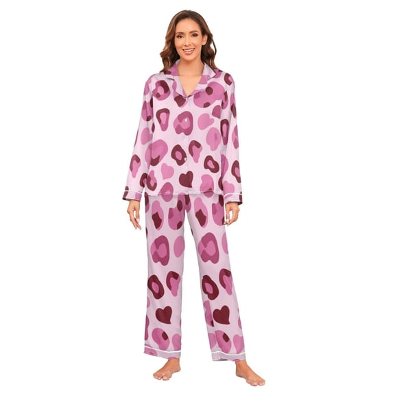 Satin Pajama Sets For Women Long Sleeve Cozy Loungewear Casual Pink Leopard Print
