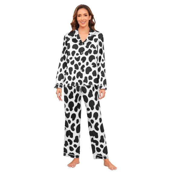 Satin Pajama Sets For Women Long Sleeve Cozy Loungewear Casual White Black Leopard Print Pattern