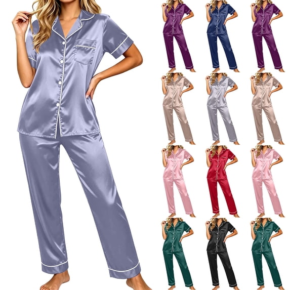 Satin Pajama Sets for Women,Short Sleeve Turndown Collar Button Top and Straight Long Pants, Solid Color Sleepwear with Chest Pocket and White Contrast Piping