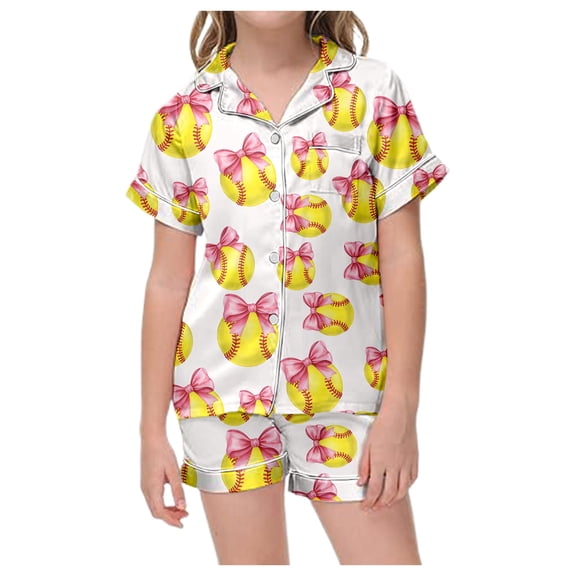 Satin Pajama for Girls Valentine's Day Floral Print Soft Short Sleeve Tops Shorts Sleepwear Set 2 Piece Outfit