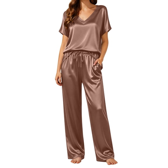 Satin Pajama for Women 2 Piece Loose Pants Short Sleeve Basic Tops Soft Loungewear Sleepwear Pjs Sets Brown L