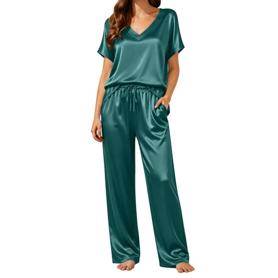 Satin Pajama for Women 2 Piece Loose Pants Short Sleeve Basic Tops Soft Loungewear Sleepwear Pjs Sets Green M