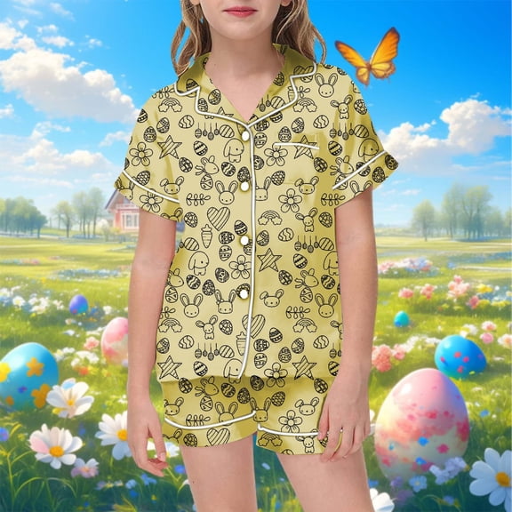 Satin Pajamas For Girls Boys Bunny Summer Loungewear Button Down Shorts Set Pjs Sleepwear Outfits Toddler Girl Pajamas 3-4 Years