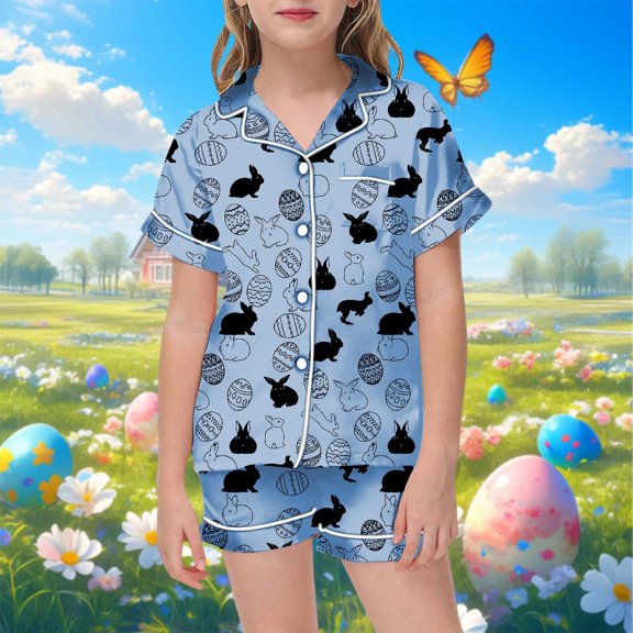Satin Pajamas For Girls Boys Bunny Summer Sleepwear Button Down Shorts Set Toddler Sleepwears Preppy Pajamas For Girls 3-4 Years