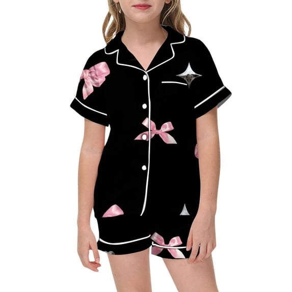 Satin Pajamas for Girls 4t Valentine's Day Pjs Short Sleeve Shirts and Shorts Nightwear Set Trendy Bow Tie Printed Children Loungewear 2 Piece Summer Loungewear 4-5 Years