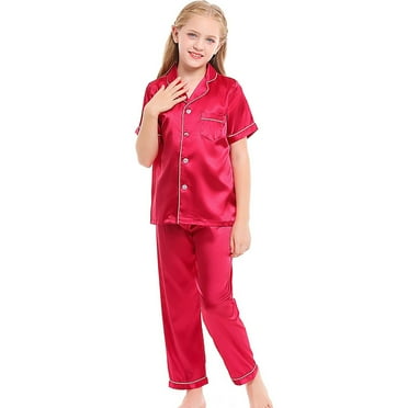 Satin Pajamas Kids Girls Pajama Set Button Down Solid Tops T Shirt Pantss Sleepwear Loungewear Set Pjs For Girls Size 10-11