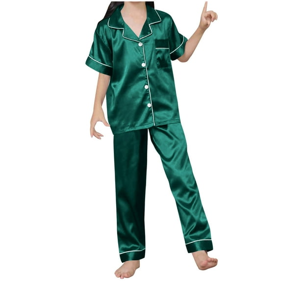 Satin Pajamas Set Girls Short Sleeve Turndown Collar Casual T Shirt and Pants Lounge Outfits for Girls Size 2-12