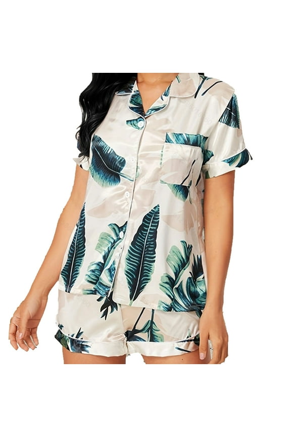 Satin Pajamas Set Women's Short Sleeve Tops Sleepwear Soft Silk Button Down Loungewear Comfy Pjs Shorts Set Homewear