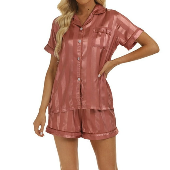 Satin Pajamas Set Women's Short Sleeve Tops Sleepwear Soft Silk Button Down Loungewear Comfy Pjs Shorts Set Homewear