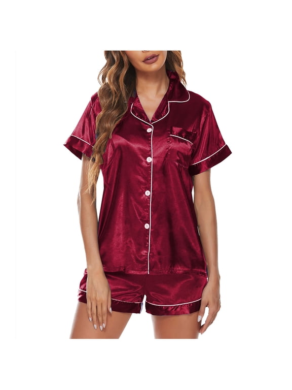 Satin Pajamas Set Women's Short Sleeve Tops Sleepwear Soft Silk Button Down Loungewear Comfy Pjs Shorts Set Homewear