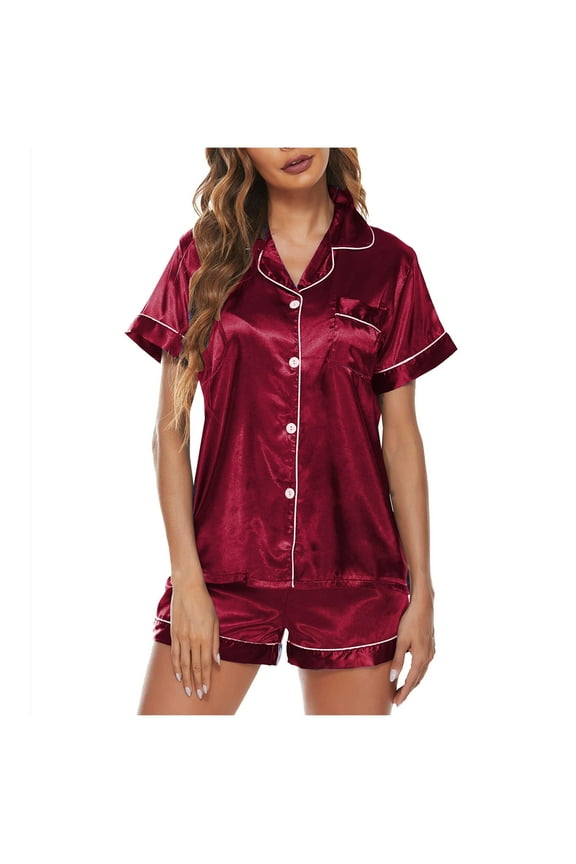 Satin Pajamas Set Women's Short Sleeve Tops Sleepwear Soft Silk Button Down Loungewear Comfy Pjs Shorts Set Homewear