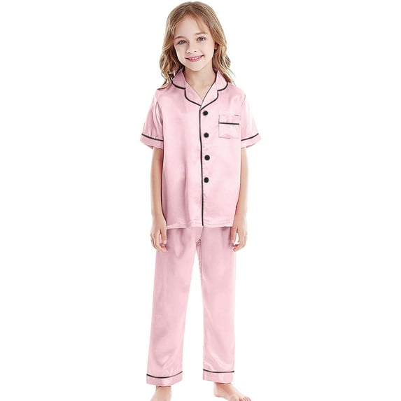 Satin Pajamas Set for Girls Elegant Silk Sleepwear Short Sleeve and Long Pants Design Stylish Kids Nightwear Comfortable Button Down Ensemble