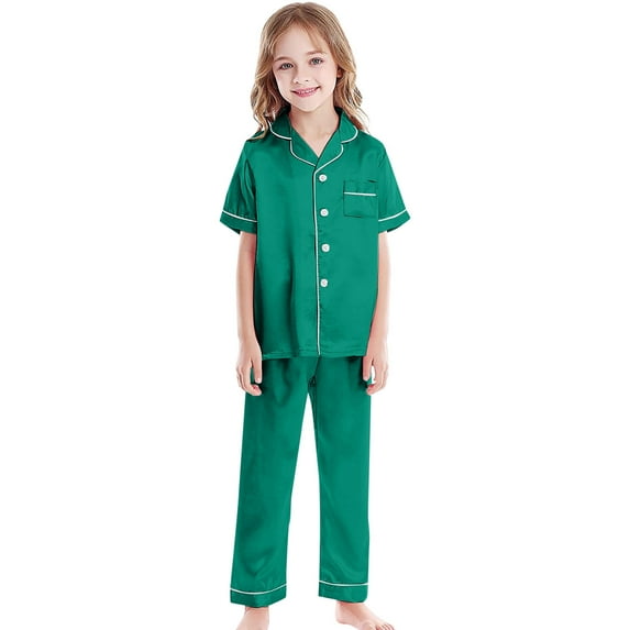 Satin Pajamas Set for Girls Elegant Silk Sleepwear Short Sleeve and Long Pants Design Stylish Kids Nightwear Comfortable Button Down Ensemble