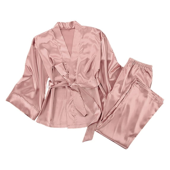 Satin Pajamas Set for Women Long Sleeve Belted Cardigan Sleepwear Silk Nightwear V-Neck PJs Set 2 Piece Lounge Sets Womens Clothes