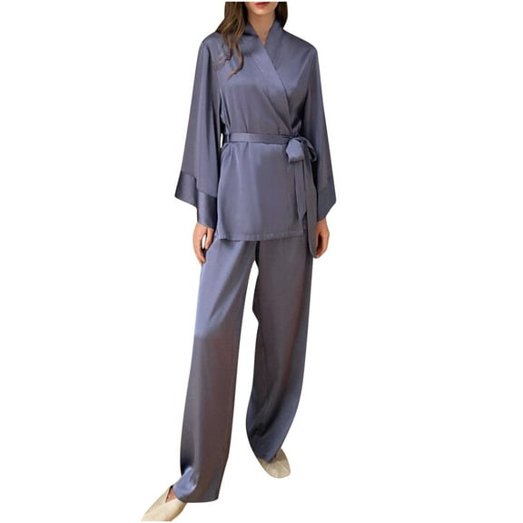 Satin Pajamas Set for Women Long Sleeve Sleepwear Silk Nightwear V-Neck Comfy PJS Set 2 Piece Loungewear Sets PJ