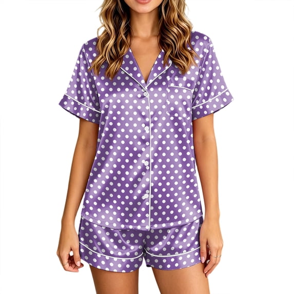 Satin Pajamas Set for Women Short Sleeve Sleepwear Soft Button Down Pjs 2 Piece Casual Shorts Summer Set