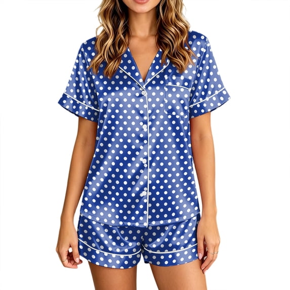 Satin Pajamas Set for Women Short Sleeve Sleepwear Soft Button Down Pjs 2 Piece Casual Shorts Summer Set