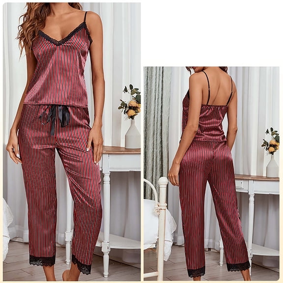 Satin Pajamas Women 2PC Set- Lace Pants Nightdress with Pocket Halter V Neck Sleepwear
