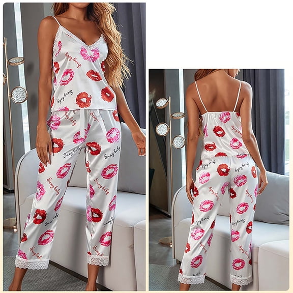 Satin Pajamas Women 2PC Set- Lace Pants Nightdress with Pocket Halter V Neck Sleepwear